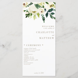 Elegantes White Floral Gold Text Hochzeitsprogramm Menükarte