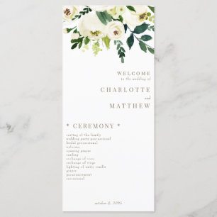 Elegantes White Floral Gold Text Hochzeitsprogramm Menükarte