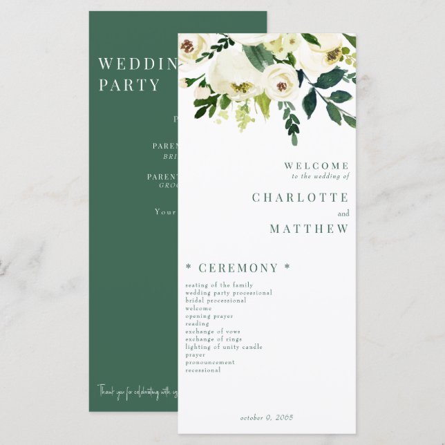 Elegantes White Floral Green & White Wedding Progr Menükarte (Vorne/Hinten)