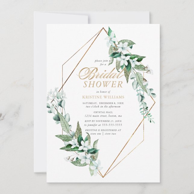Elegantes White Floral Greenery Gold Brautparty Einladung (Vorderseite)