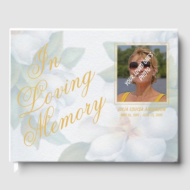 Elegantes White Floral Love Memory Script Foto Gu Gästebuch (Vorderseite)