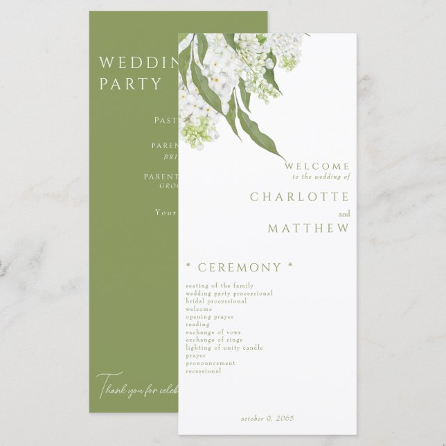 Elegantes White Floral Moss Green Wedding Programm (Vorne/Hinten)
