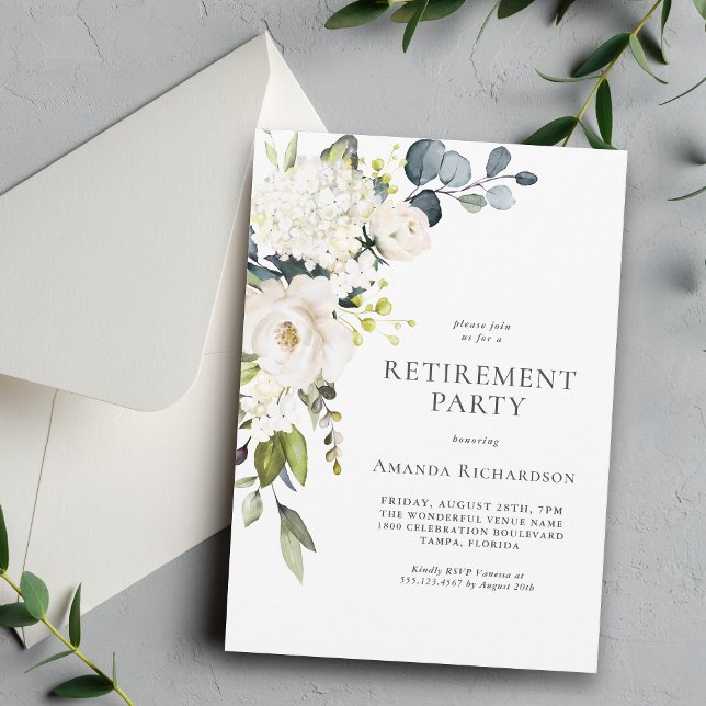 Elegantes White Floral Retirement Party Einladung (Available as printed and paperless digital download!)
