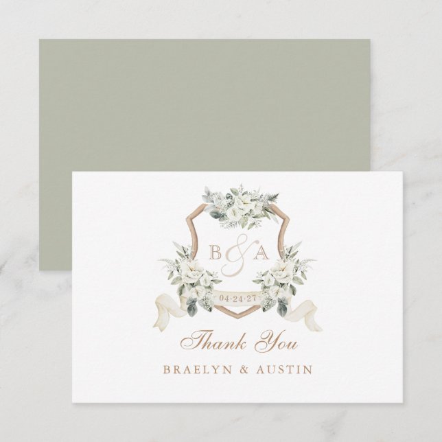 Elegantes White Floral Sage Green Wedding Wappen Dankeskarte (Vorne/Hinten)