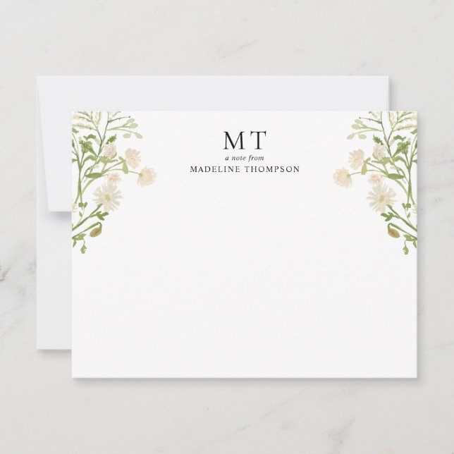 Elegantes White Floral Wildblume Classic Monogramm Mitteilungskarte (Vorderseite)