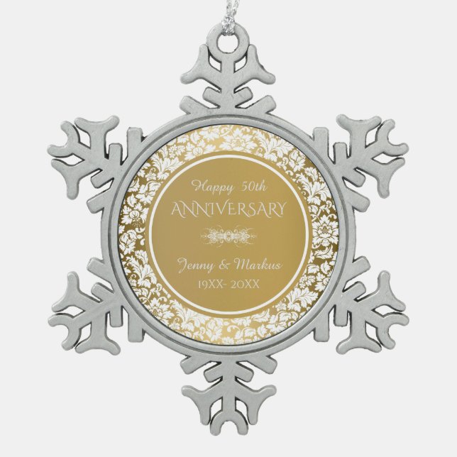 Elegantes White & Gold 50 Jahre Hochzeit Schneeflocken Zinn-Ornament (Vorderseite)