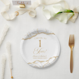 Elegantes White Gold Agate 1. Jubiläum Party Pappteller