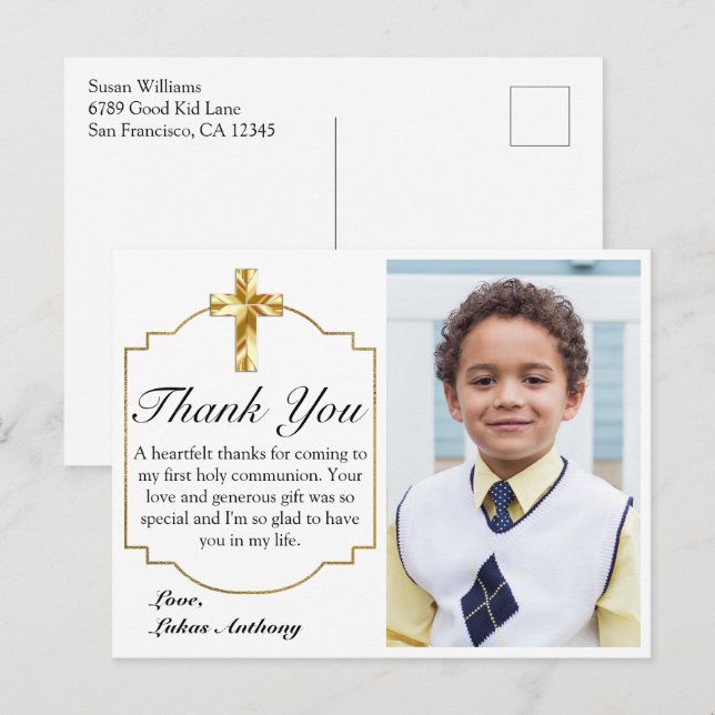 Elegantes White Gold Cross 1. Kommunion Vielen Dan Postkarte (Vorne/Hinten)
