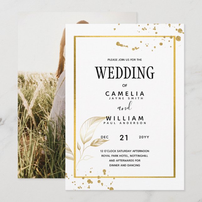 Elegantes White & Gold Foto Einladung zur Hochzeit (Vorne/Hinten)