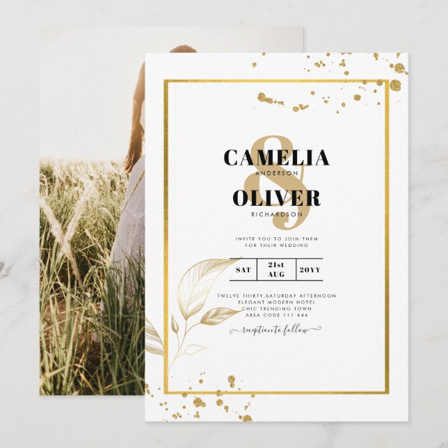 Elegantes White & Gold Foto Einladung zur Hochzeit (Vorne/Hinten)