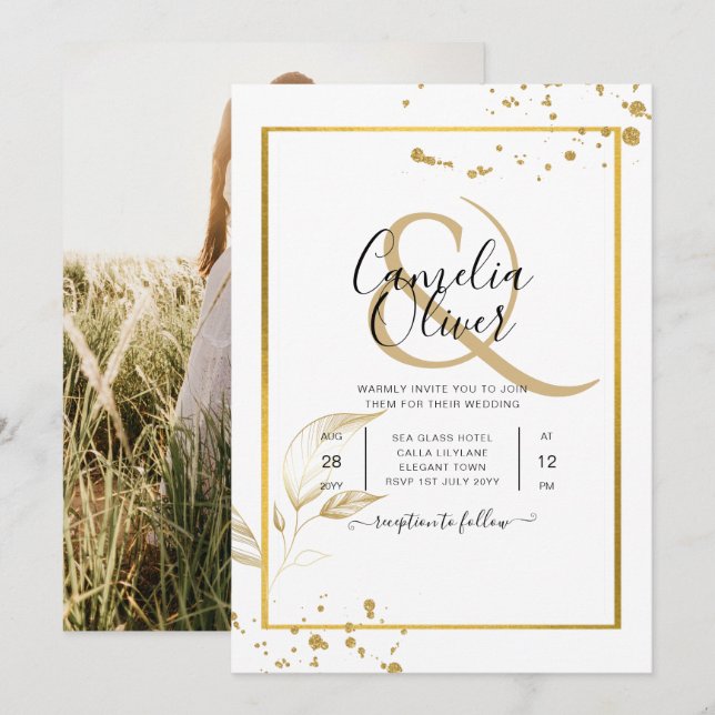 Elegantes White & Gold Foto Einladung zur Hochzeit (Vorne/Hinten)
