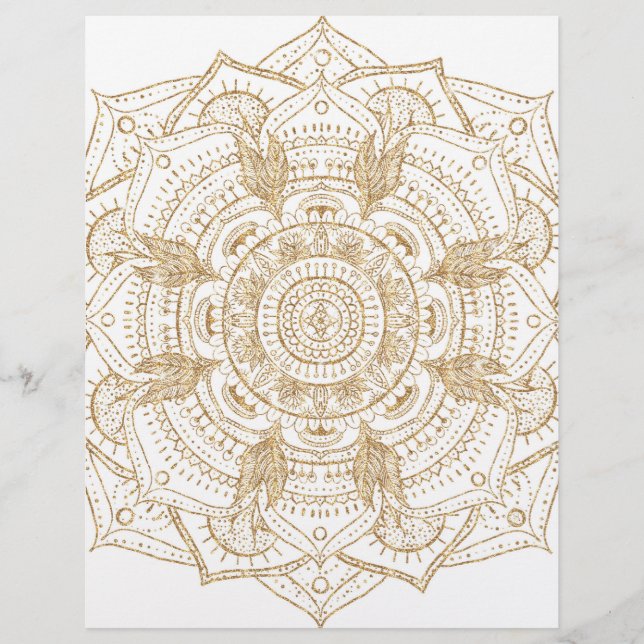Elegantes White & Gold Mandala Handgezeichnetes De Briefbogen (Vorderseite)