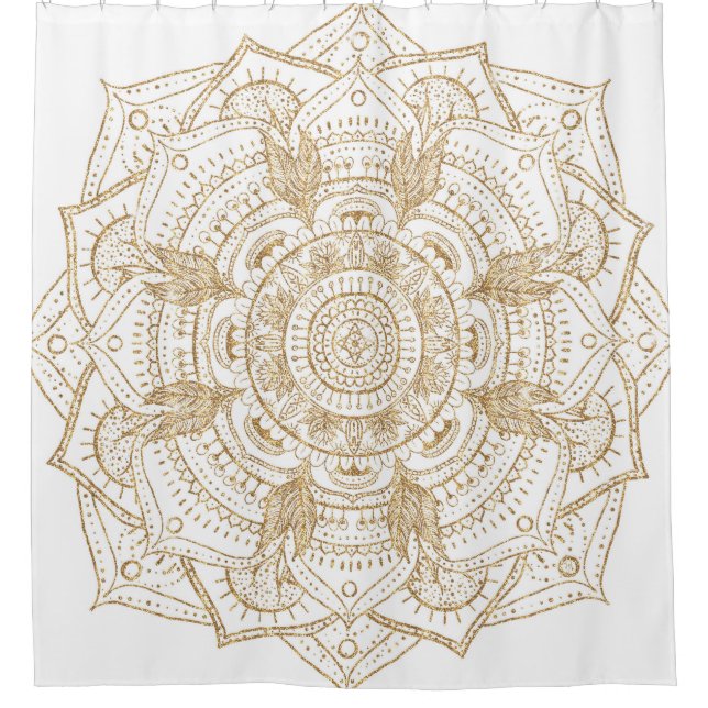 Elegantes White & Gold Mandala Handgezeichnetes De Duschvorhang (Vorderseite)