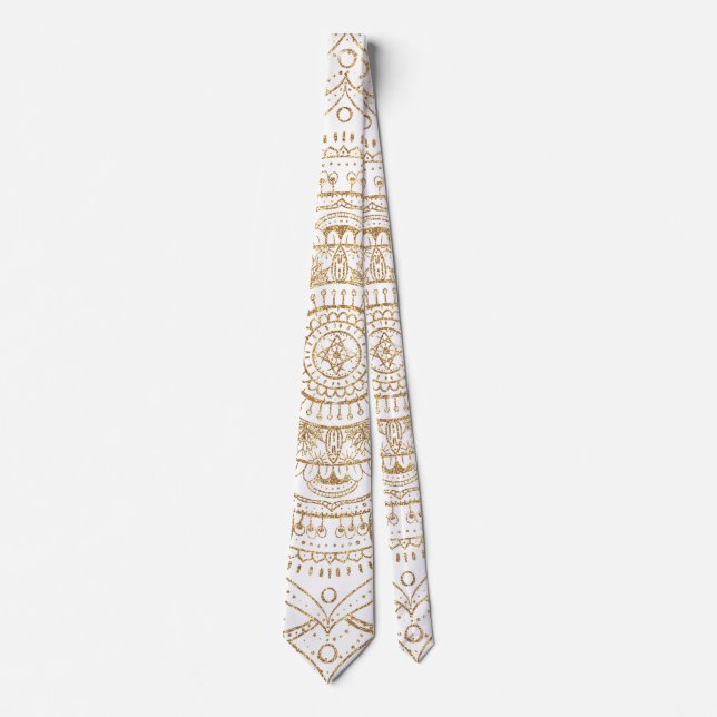 Elegantes White & Gold Mandala Handgezeichnetes De Krawatte (Vorderseite)