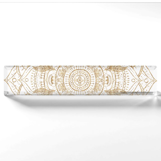Elegantes White & Gold Mandala Handgezeichnetes De Namensplakette (Vorderseite)