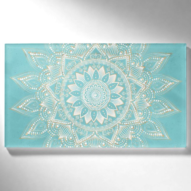 Elegantes White Gold Mandala Sky Blue Design Namenschild (Vorderseite)