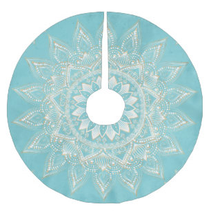 Elegantes White Gold Mandala Sky Blue Design Polyester Weihnachtsbaumdecke