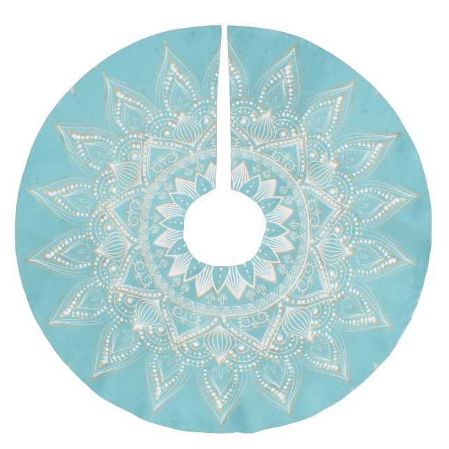 Elegantes White Gold Mandala Sky Blue Design Polyester Weihnachtsbaumdecke (Vorderseite)
