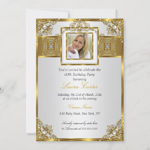 Elegantes White Gold Pearl Damask Foto Geburtstag  Einladung