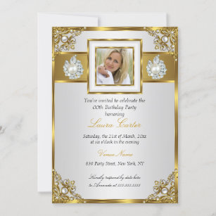 Elegantes White Gold Pearl Damask Foto Geburtstag Einladung