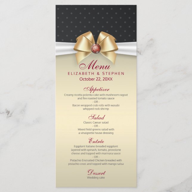 Elegantes White Gold Ribbon Red Diamond Wedding Me Menükarte (Vorderseite)