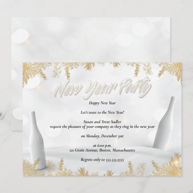 Elegantes White & Gold Silvester Party Einladung (Vorne/Hinten)