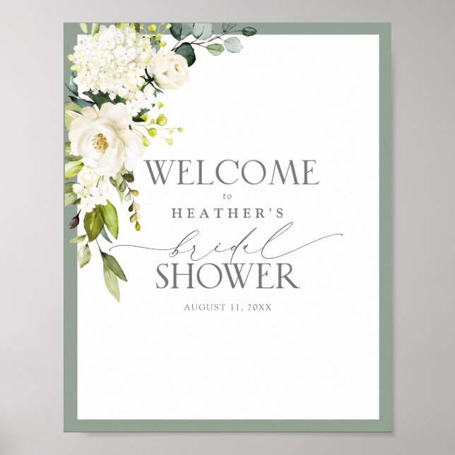 Elegantes White Gray Green Bridal Willkommen Poster (Vorne)