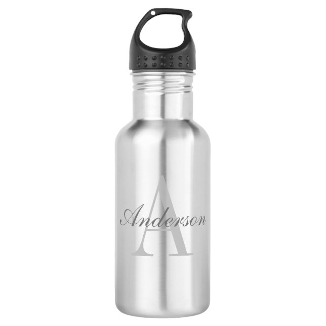 Elegantes White & Gray Monogramm Edelstahlflasche (Vorderseite)