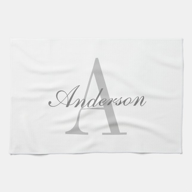 Elegantes White & Gray Monogramm Geschirrtuch (Horizontal)