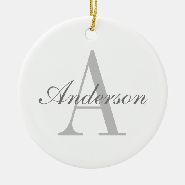 Elegantes White & Gray Monogramm Keramik Ornament (Vorne)