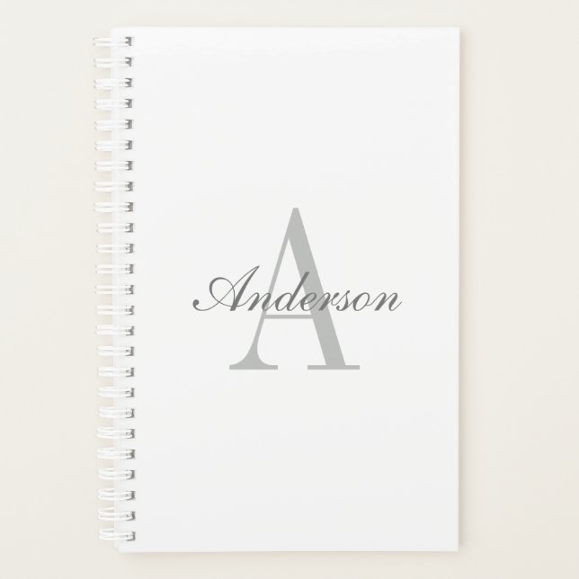 Elegantes White & Gray Monogramm Planer (Vorderseite)