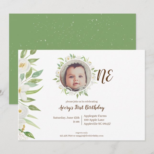 Elegantes White & Green Floral Baby zum 1. Geburts Einladung (Vorne/Hinten)