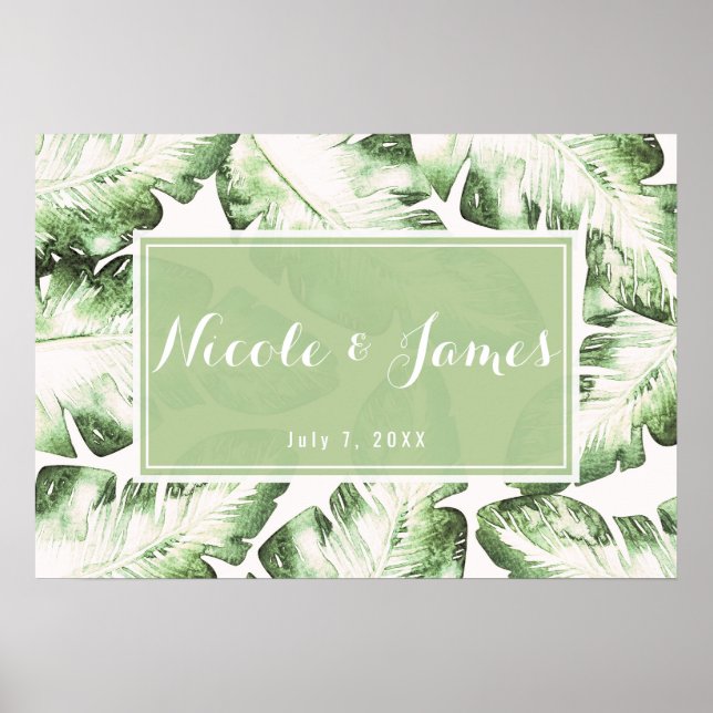 Elegantes White Green Tropical Blätter Hochzeitsba Poster (Vorne)