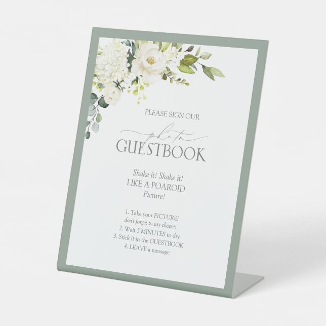 Elegantes White Grey Green Floral Foto Gästebuch P Sockelschild (Vorderseite)
