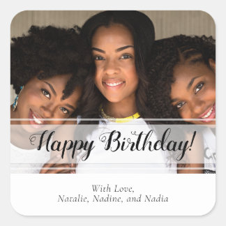 Elegantes White Happy Birthday Custom Foto Square Quadratischer Aufkleber