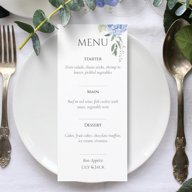 Elegantes White Hydrangea Wedding Menu Menükarte (Von Creator hochgeladen)