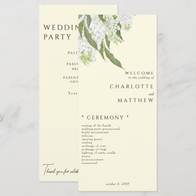 Elegantes White Hydrangea Yellow Wedding Program Menükarte (Vorne/Hinten)