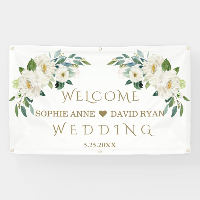 Elegantes White Ivory Blume Begrüßungszeichen Banner (Horizontal)