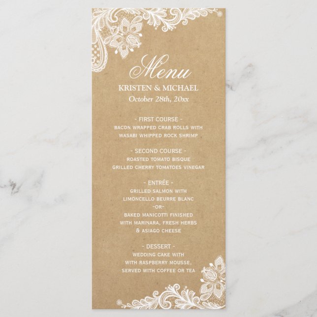 Elegantes White Lace Kraft Dinner Menü zum Hochzei Menükarte (Vorderseite)