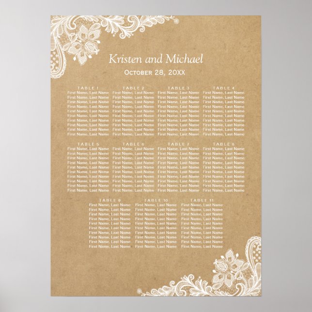 Elegantes White Lace Kraft Hochzeitsdiagramm Poster (Vorne)