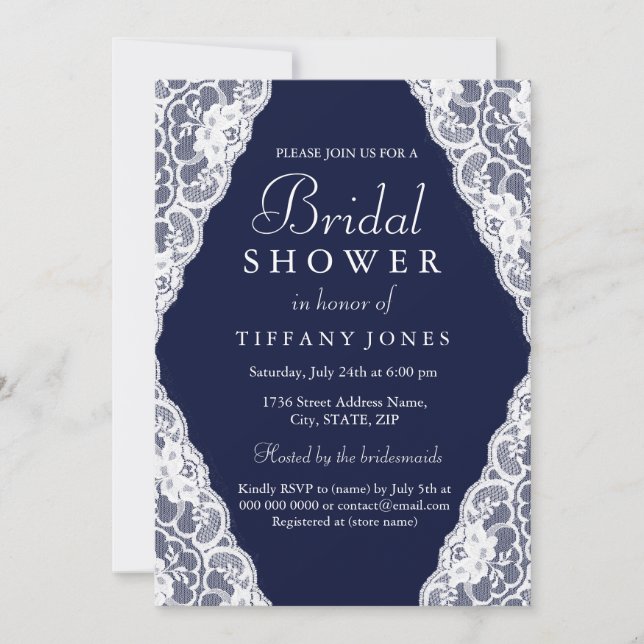 Elegantes White Lace Navy Blue Brautparty Einladun Einladung (Vorderseite)