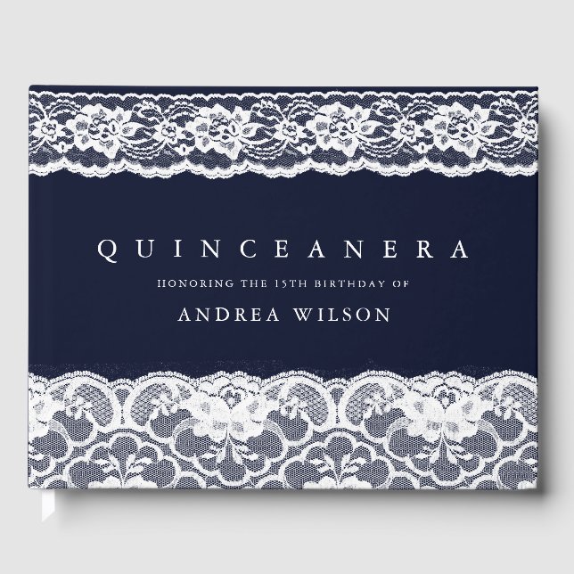 Elegantes White Lace Navy Blue Quinceanera Party Gästebuch (Vorderseite)