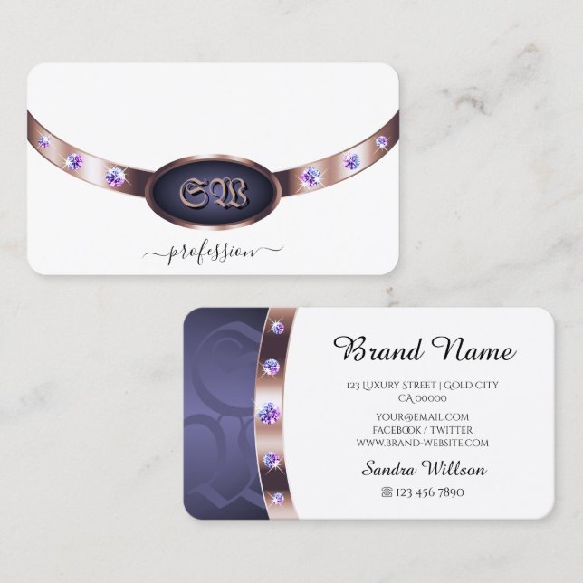 Elegantes White Lila und Rose Gold Jewels Monogram Visitenkarte (Vorne/Hinten)