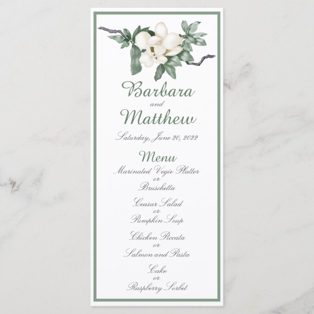 Elegantes White Magnolia Blossom Empfang Menu Menükarte (Vorderseite)