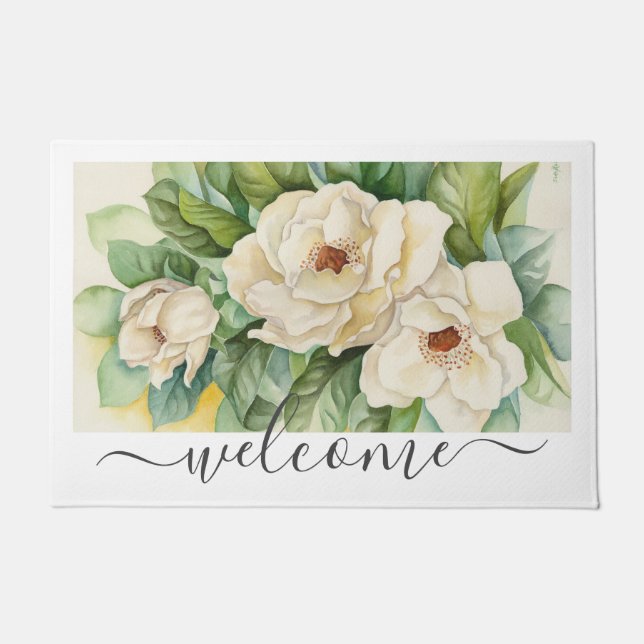 Elegantes White Magnolia Floral Begrüßungsschreibe Fußmatte (Vorderseite)