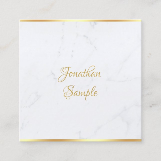 Elegantes White Marble Gold Modernes Skript Templa Quadratische Visitenkarte (Vorderseite)