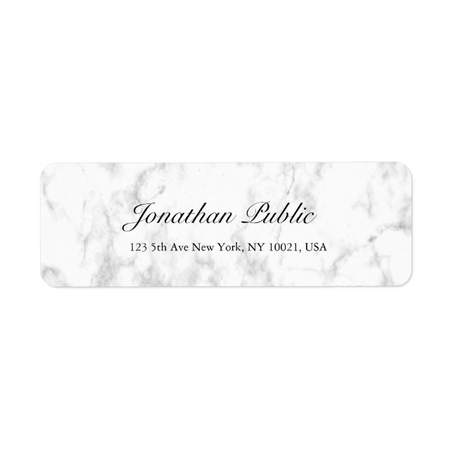 Elegantes White Marble Script Luxury Rücksendeadre (Vorne)