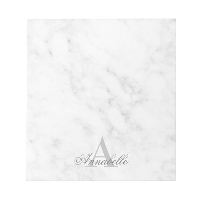 Elegantes White Marble Script Name Monogram Notizblock (Vorderseite)