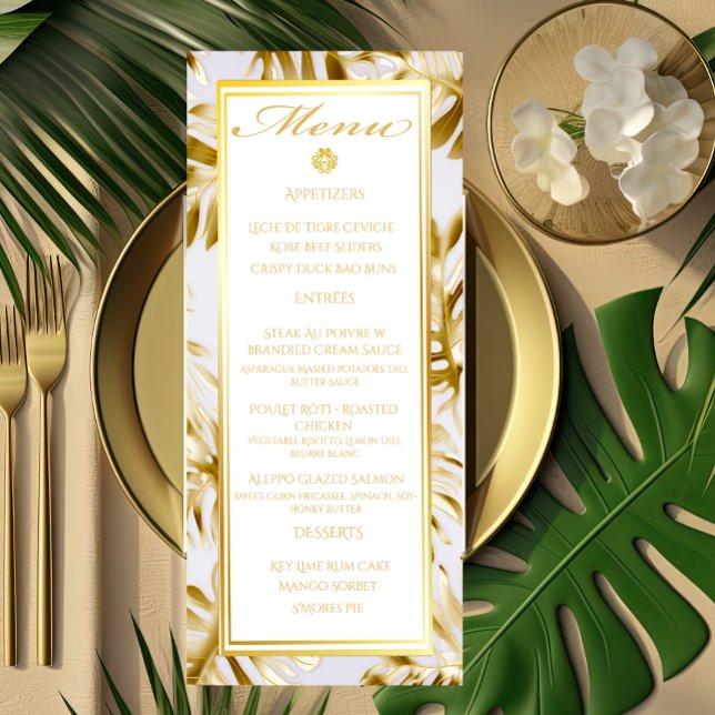 Elegantes White Monstera Gilded Gold Wedding Menü Menükarte (Von Creator hochgeladen)