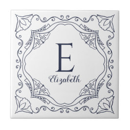 Elegantes White Navy Blue Decorative Name Monogram Fliese